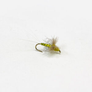 B’s BWO Comparadun dry fly with olive body, deer hair wing, and slender tails imitating Blue Wing Olive mayflies.